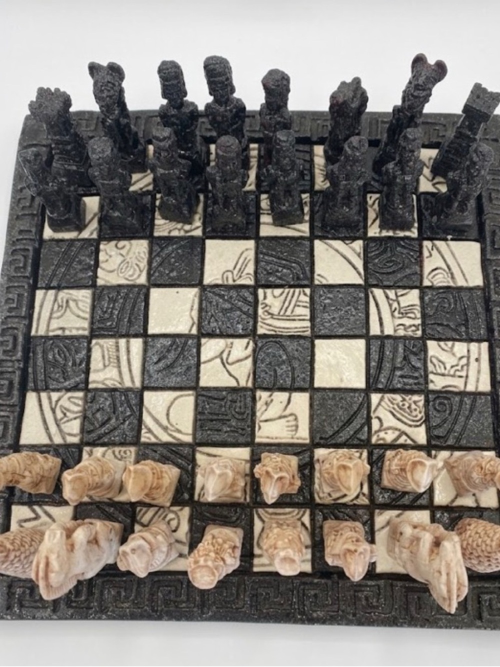 Vintage Mexican Aztec Carved Resin Cast Mythological Figures Chess Set 10.5x10.5